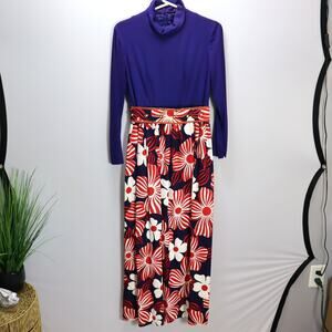 Vintage 1970s Maxi Dress Purple Mock Neck Floral‎ Skirt Long Sleeve Boho